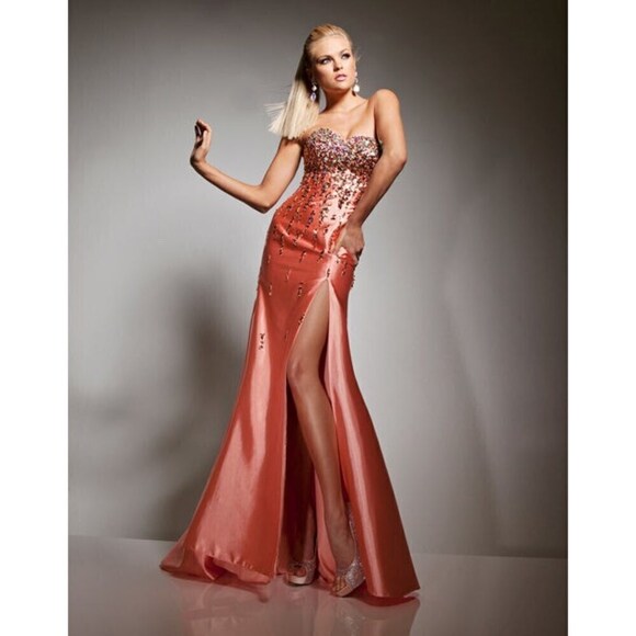 Tony Bowls Beaded Fit & Flare Gown 113551 Orange - Picture 1 of 7